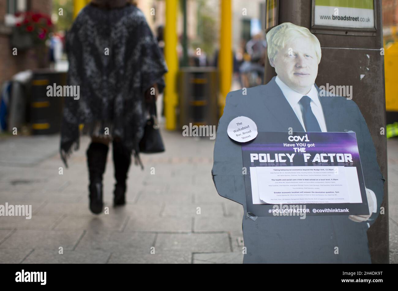 An sign featuring Mayor of London Boris Johnson advertise some events at The Walkabout Bar, of Broad Street, Birmingham. Stock Photo