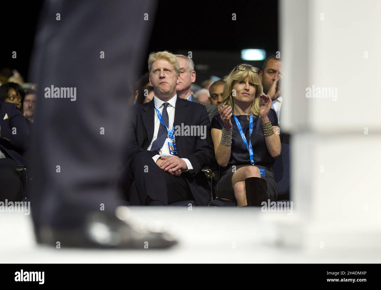 Siblings Jo and Rachel Johnson, listen to their brother the Mayor of London Boris John delivering his speech to delegates in the third day of the Conservative Party annual conference at Manchester Central Convention Centre.   Stock Photo