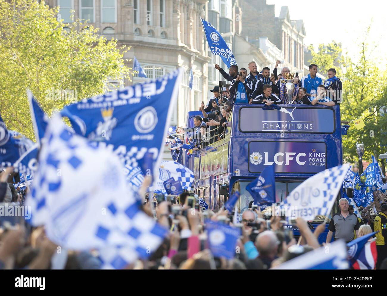 Leicester City FC's victory parade goes through Leicester city centre as the Foxes celebrate winning Barclays Premier League 2015/16 for the first time in their 132-year history on May 16, 2016. Stock Photo