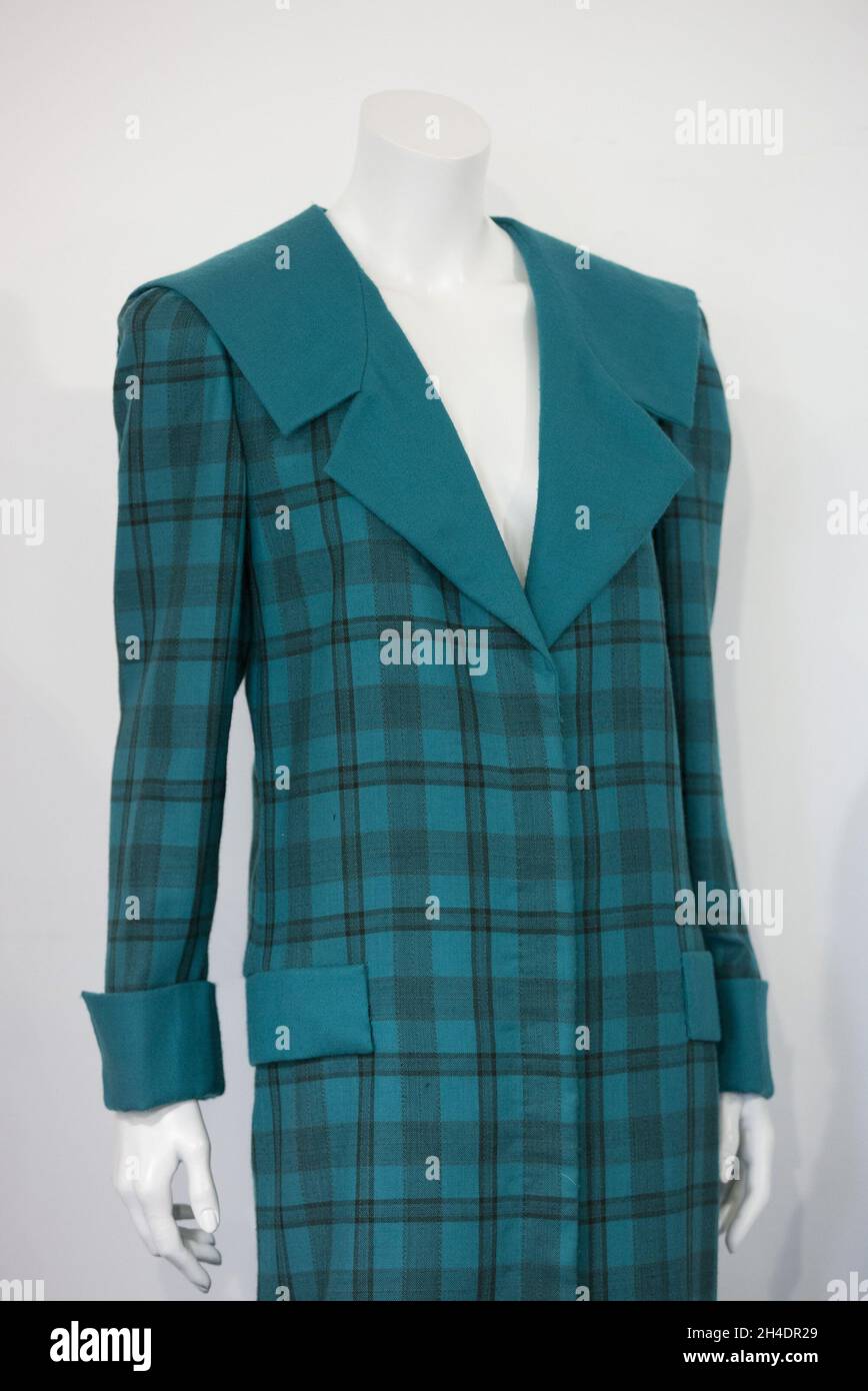 Lot 208, a practical large tartan check with wide padded shoulders designed by Elizabeth and David Emanuel, estimate £10,000-15,000, which was worn by Princess Diana will be part of the June 14th Passion for fashion auction at Kerry Taylor Auctions in south London.     Stock Photo