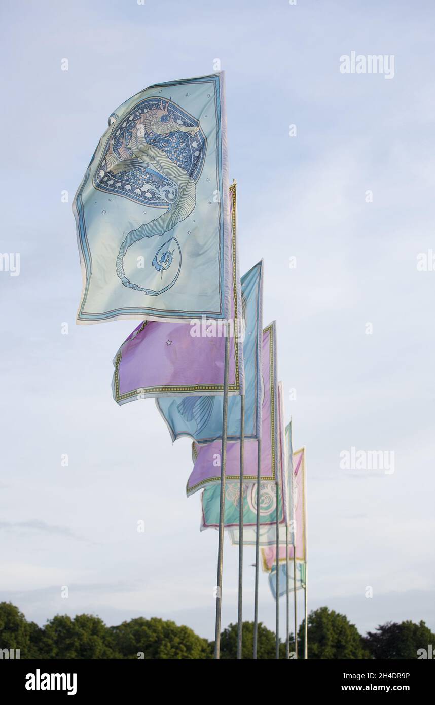 Flags at the Isle of Wight Festival, in Seaclose Park, Newport, Isle of Wight, on Saturday June 11. Stock Photo