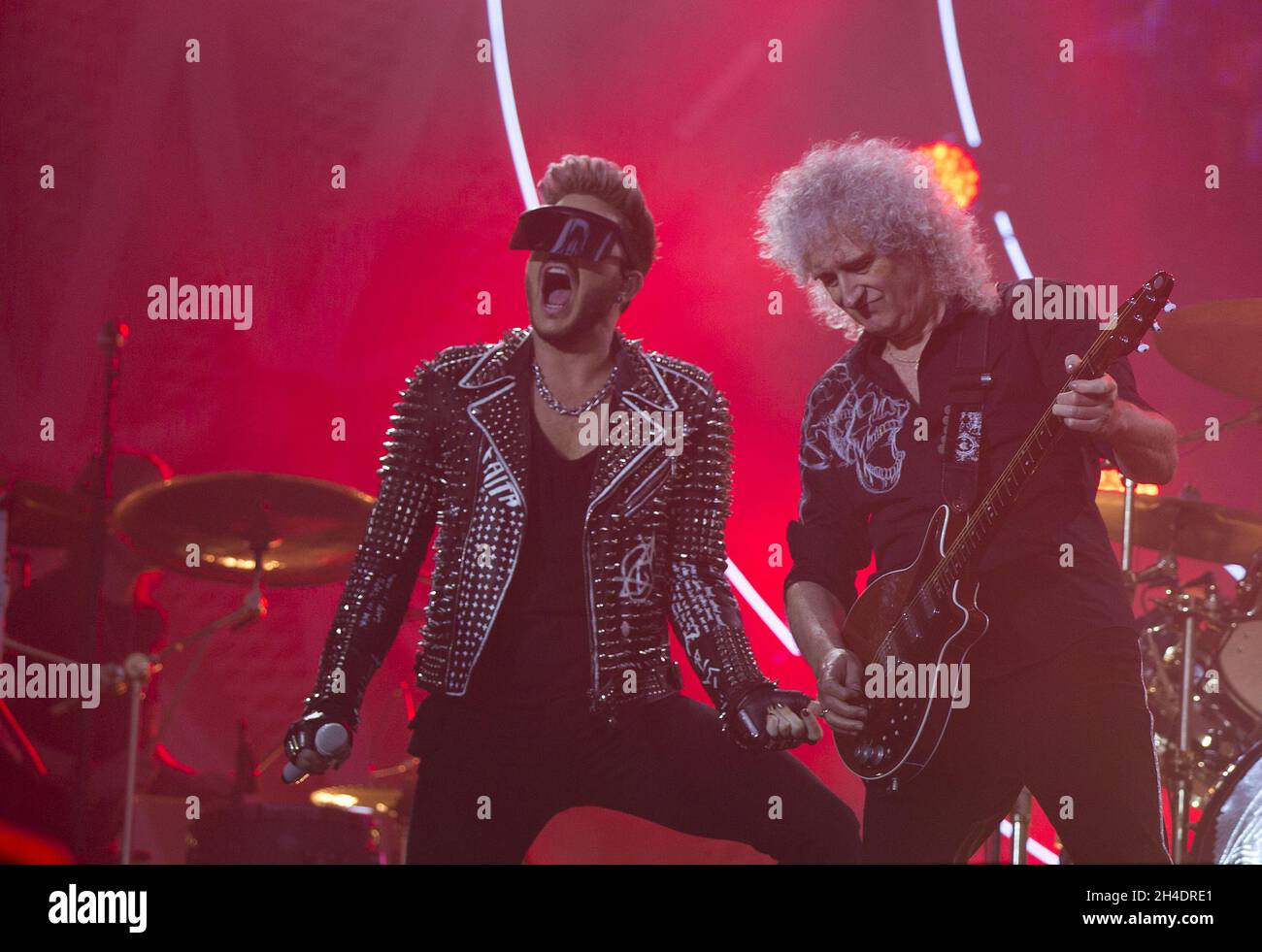 Queen and Adam Lambert perform at the Isle of Wight Festival, Seaclose Park, Newport, Isle of Wight, on Sunday June 12. Stock Photo