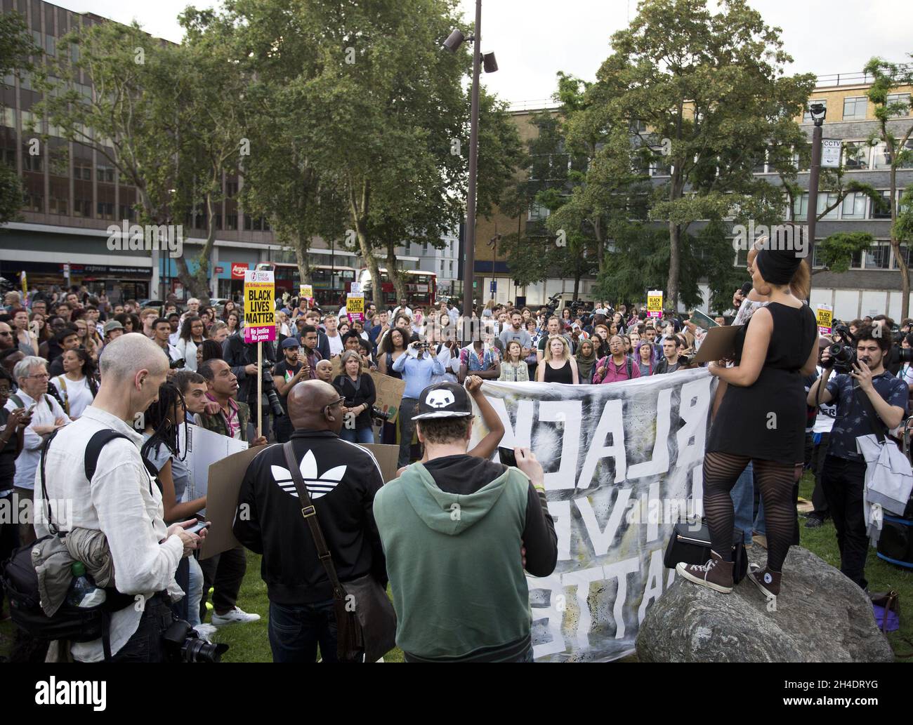 Activists from Black Lives Matter movement demonstrate in Altab Ali Park, east London, to coincide with the fifth anniversary of the fatal shooting of Mark Duggan by police in north London, sparking riots which spread across the UK. Stock Photo