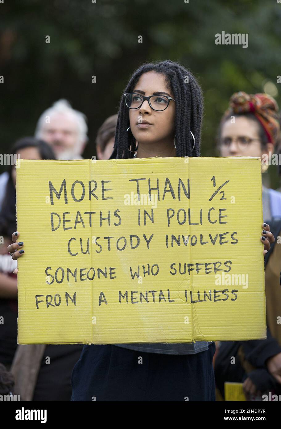 Activists from Black Lives Matter movement demonstrate in Altab Ali Park, east London, to coincide with the fifth anniversary of the fatal shooting of Mark Duggan by police in north London, sparking riots which spread across the UK. Stock Photo