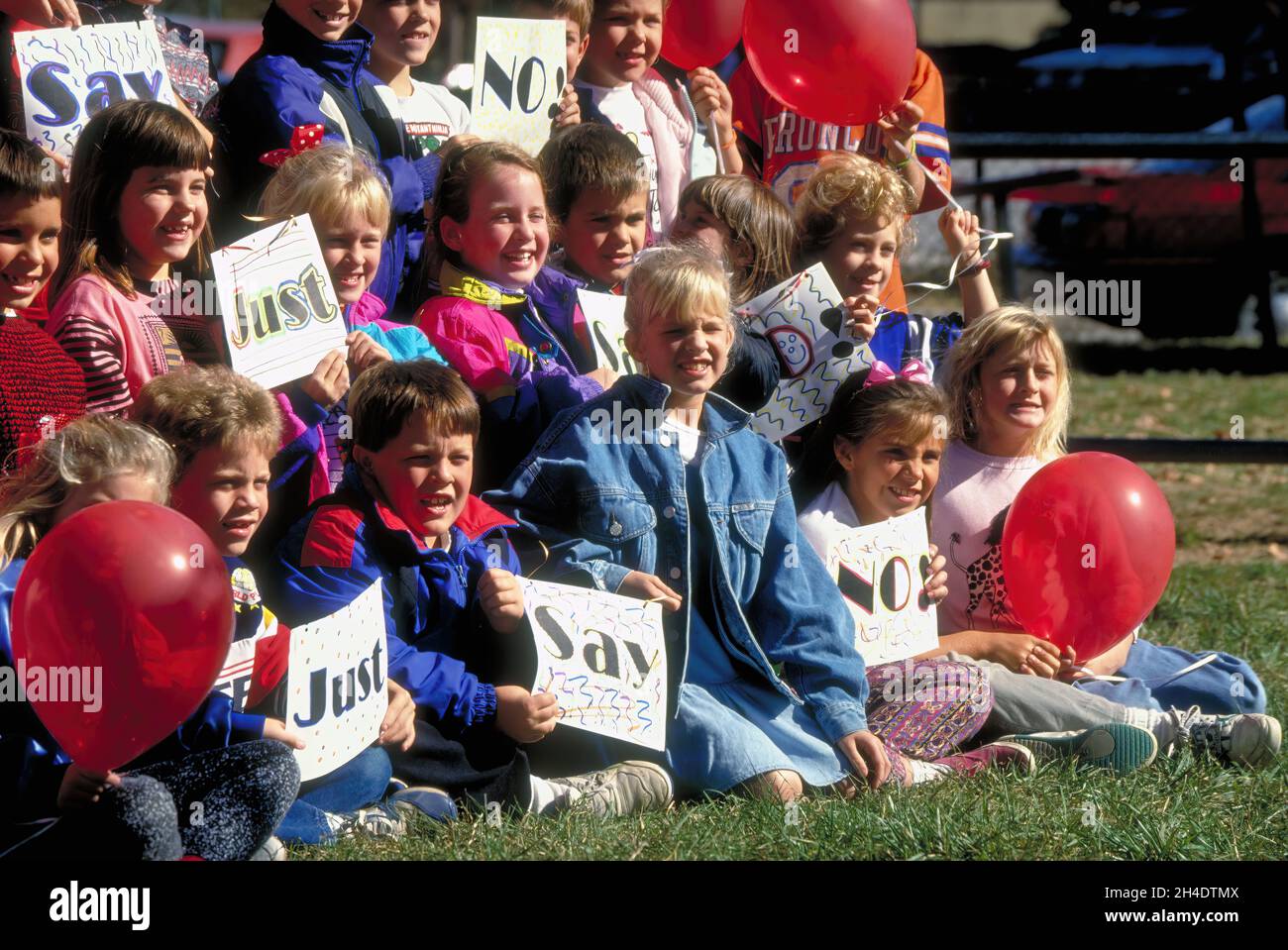 Elementary school children hold signs saying, 'Just Say No' as part of a nationwide anti-drug campaign in the 1980s started by Nancy Reagan. Stock Photo