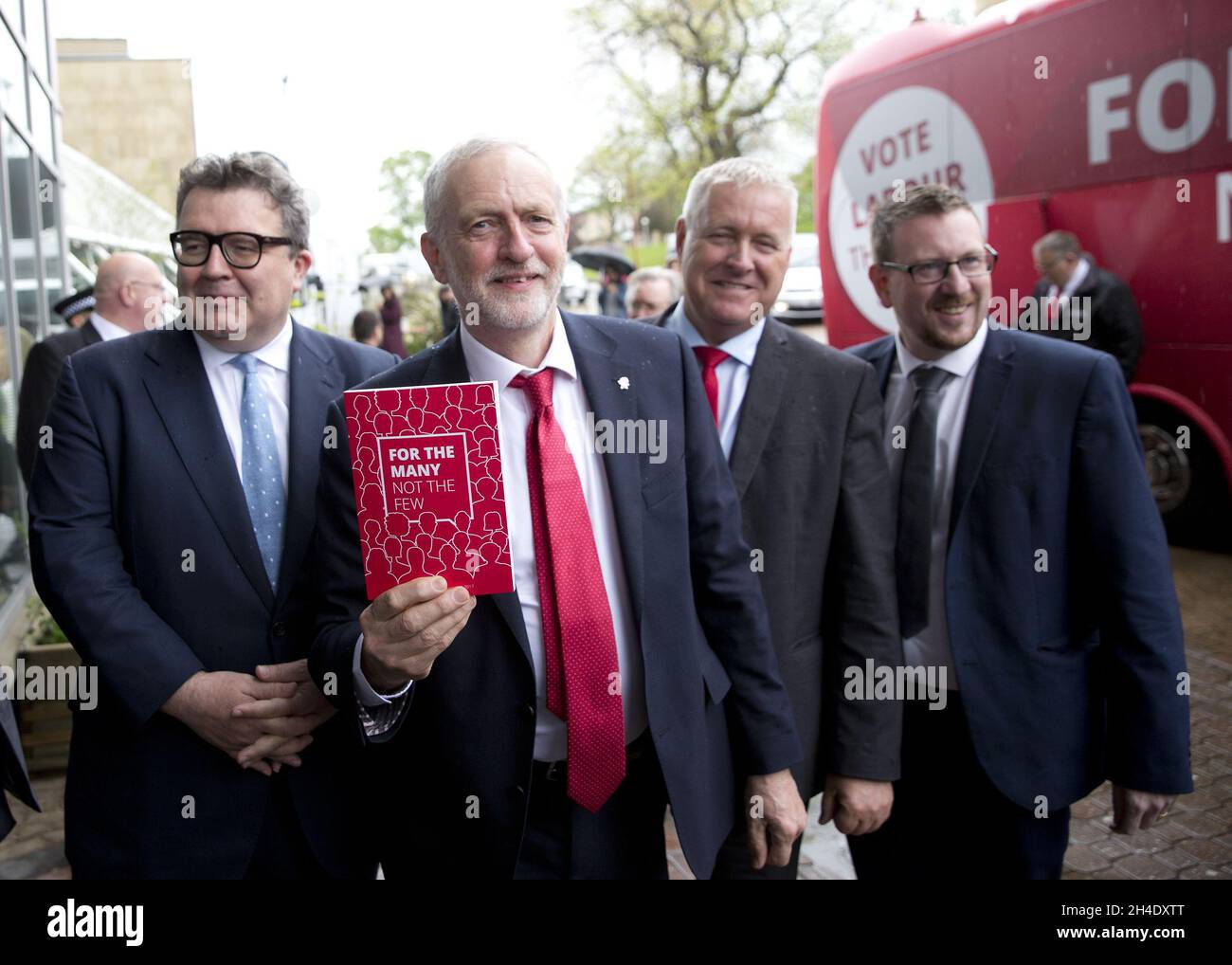 (right to left) Tom Watson, Leader of the Labour Party, Jeremy Corbyn, Ian Lavery, and Andrew Gwynne arrive in the party's battle bus at an event in the University of Bradford  to launch the party's manifesto Stock Photo
