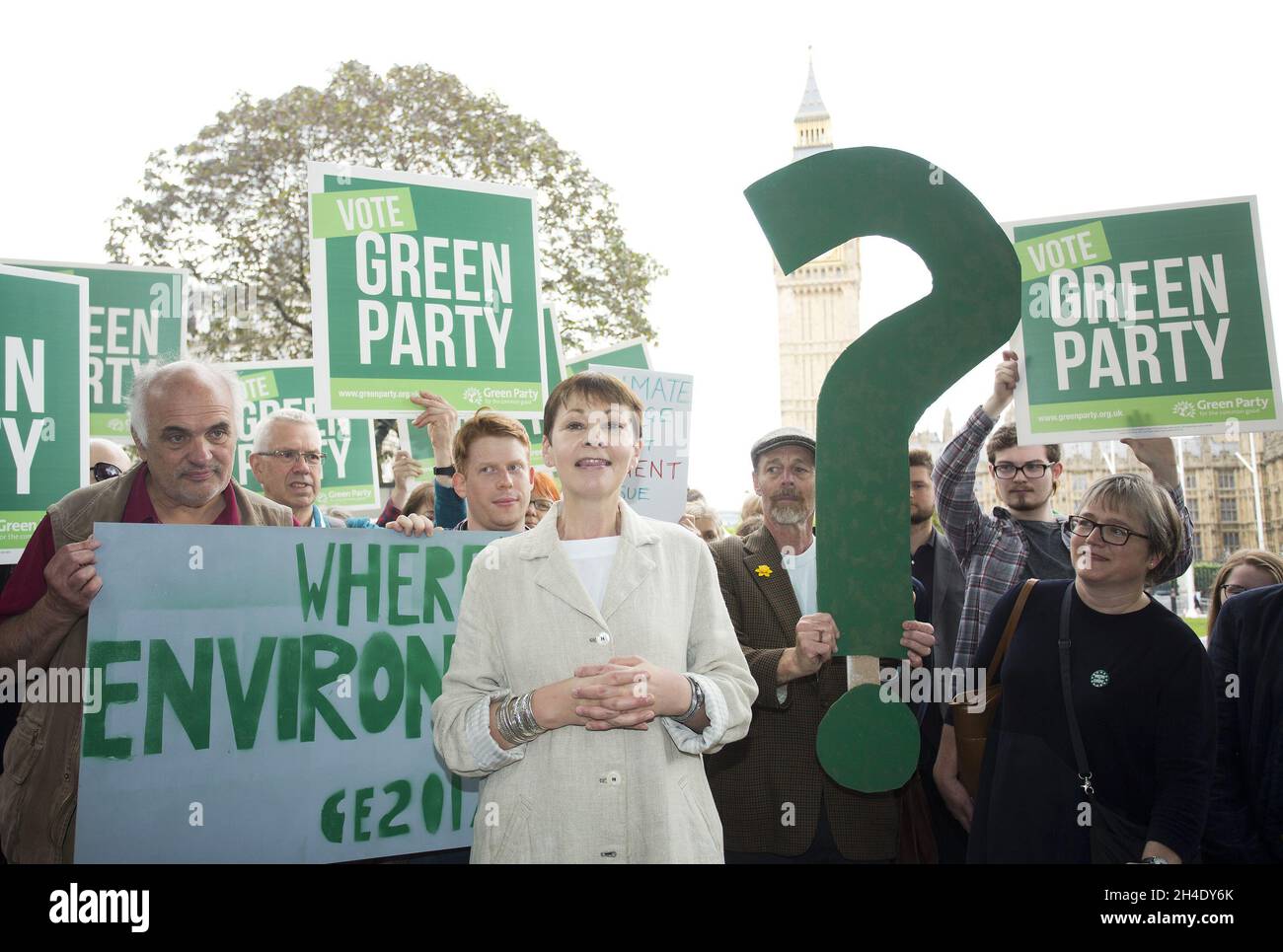 Green Party co-leader Caroline Lucas and party activists take a giant Green question mark to Parliament Square, London, to highlight the environment issue within the national debate in the General Election campaign. Picture dated:  Tuesday May 30, 2017. Photo credit should read: Isabel Infantes / EMPICS Entertainment. Stock Photo