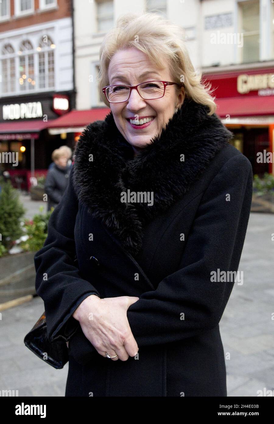 Leader of the House of Commons and Conservative, Andrea Leadsom MP, arrives to the LBC studios in central London, ahead of a radio interview with broadcaster Ian Dale Stock Photo