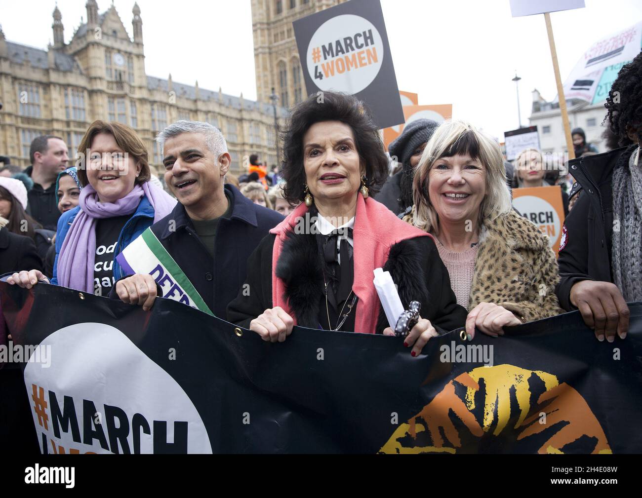 (left to right) Marchers including Maria Miller MP, Mayor of London Sadiq Khan, Bianca Jagger, and other personalities take part in the March4Women rally in central London. Picture dated: Sunday March 4, 2018. Photo credit should read: Isabel Infantes / EMPICS Entertainment. Stock Photo