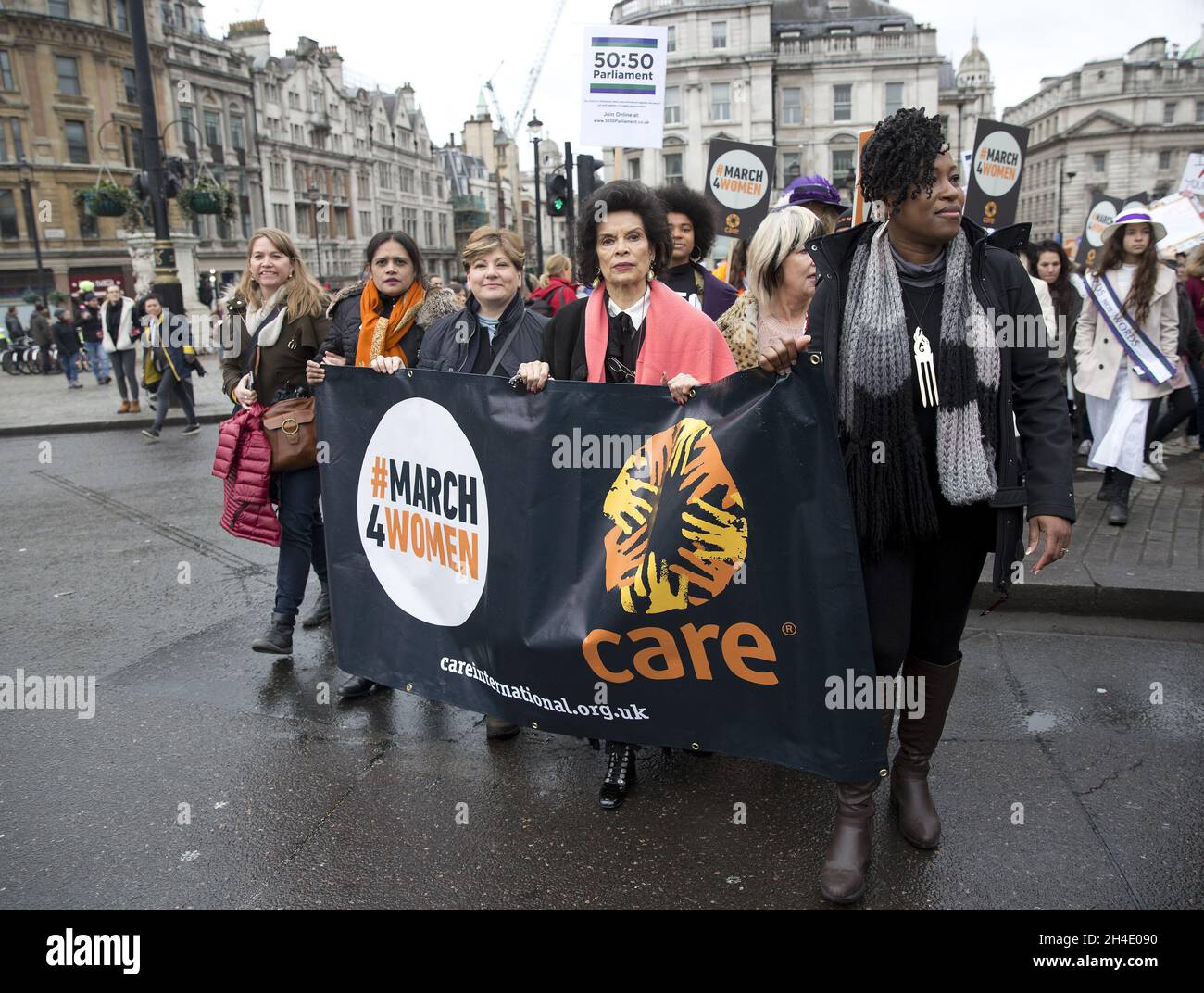 (left to right) Marchers including Emily Thornberry MP and Bianca Jagger and other personalities take part in the March4Women rally in central London. Picture dated: Sunday March 4, 2018. Photo credit should read: Isabel Infantes / EMPICS Entertainment. Stock Photo