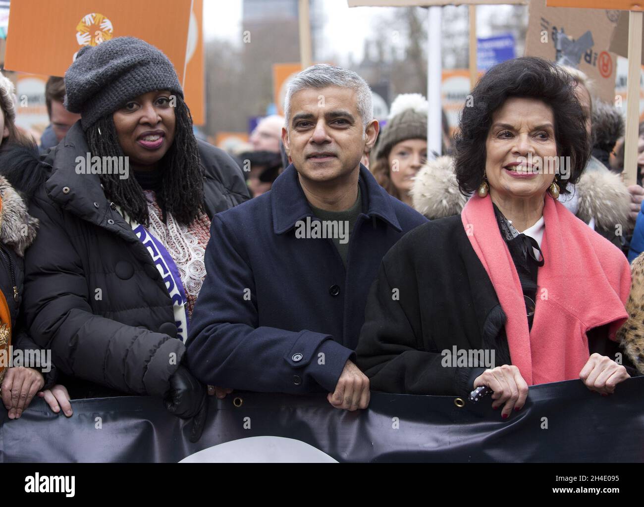 (left to right) Marchers including Dawn Butler MP, Mayor of London Sadiq Khan, Bianca Jagger, and other personalities take part in the March4Women rally in central London. Picture dated: Sunday March 4, 2018. Photo credit should read: Isabel Infantes / EMPICS Entertainment. Stock Photo