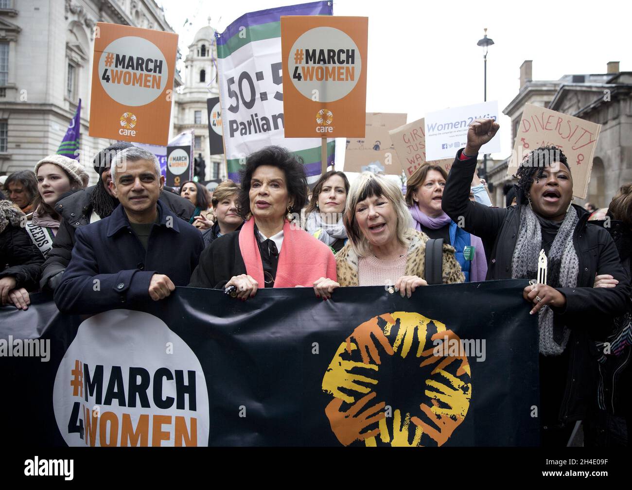 (left to right) Marchers including Mayor of London Sadiq Khan, Bianca Jagger, and other personalities take part in the March4Women rally in central London. Picture dated: Sunday March 4, 2018. Photo credit should read: Isabel Infantes / EMPICS Entertainment. Stock Photo