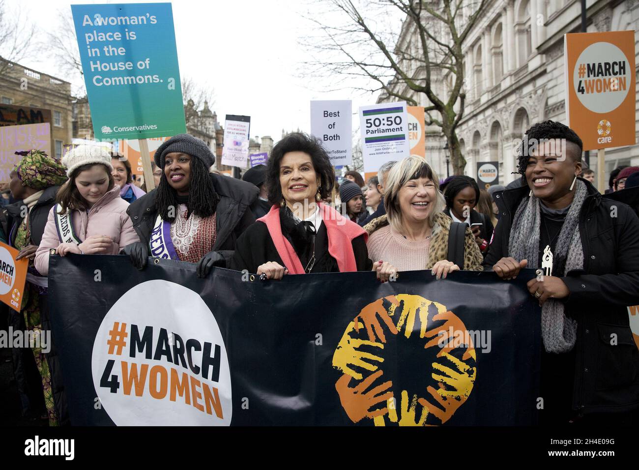 (left to right) Marchers including Dawn Butler MP and Bianca Jagger, centre, take part in the March4Women rally in  central London on Sunday March 4 2018.   Isabel Infantes www.isabelinfantes.com isabelinfantesphotography@hotmail.com 07795 350 975     Isabel Infantes www.isabelinfantes.com isabelinfantesphotography@hotmail.com 07795 350 975    Stock Photo