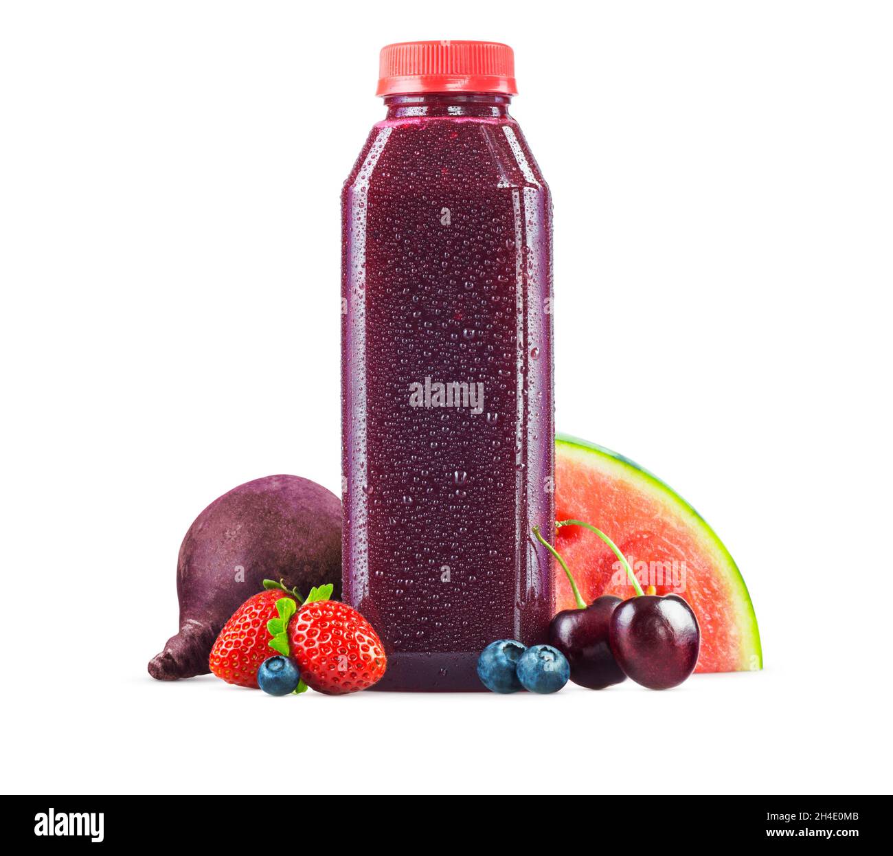 Freshly Squeezed Beet Cherry Blueberry Strawberry Watermelon Juice in a Generic Plastic Bottle with Fruit Garnish Isolated on White Background Stock Photo