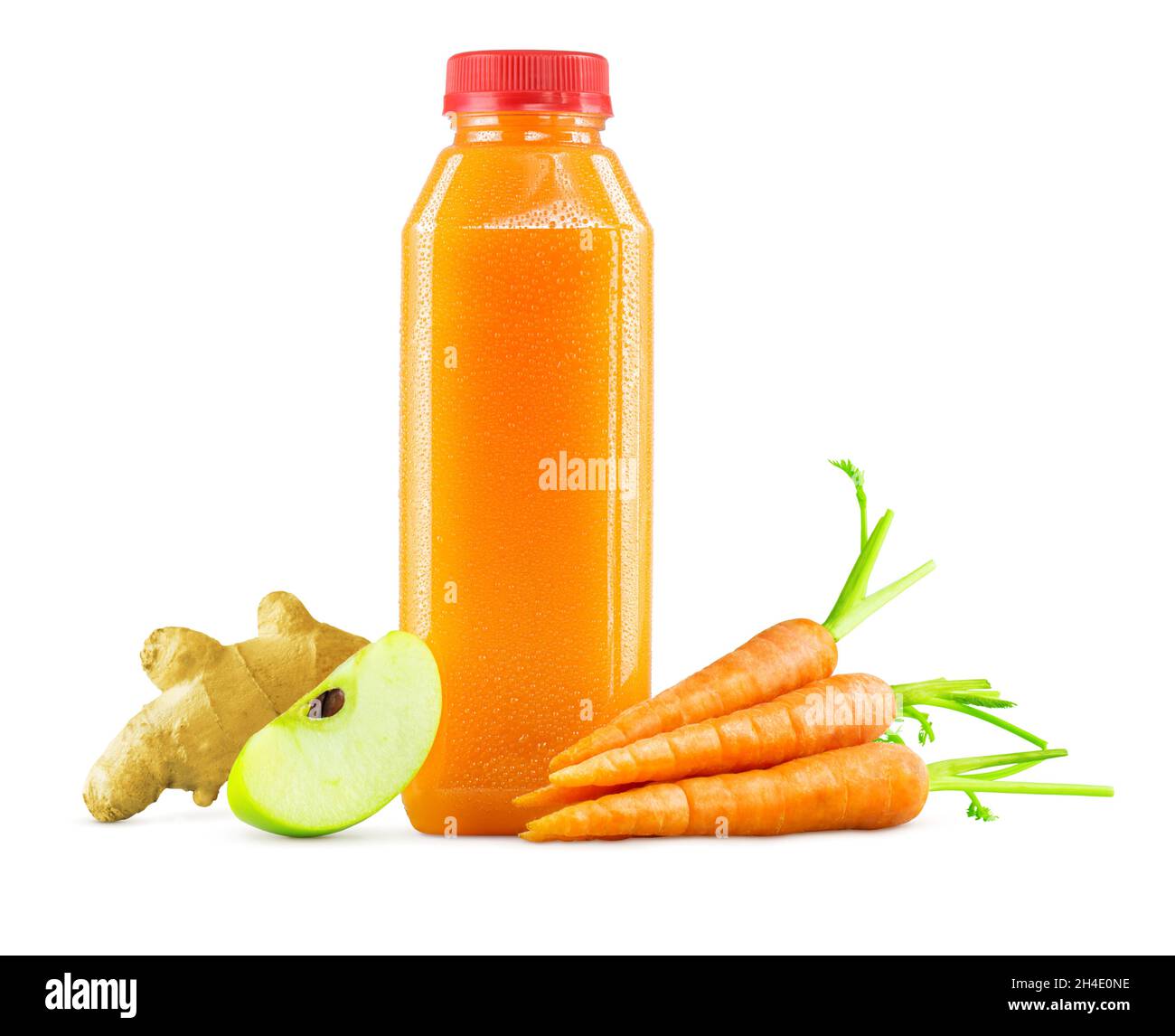 Freshly Squeezed Carrot Apple Ginger Juice in a Generic Plastic Bottle with Fruit and Vegetable Garnish Isolated on White Background Stock Photo