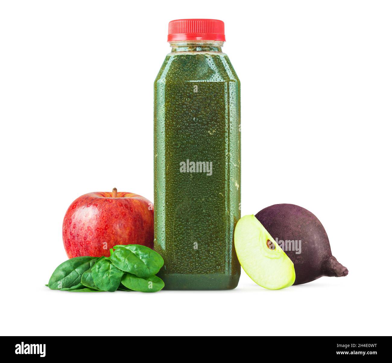 Freshly Squeezed Spinach Apple Beet Juice in a Generic Plastic Bottle Isolated on White Background Stock Photo