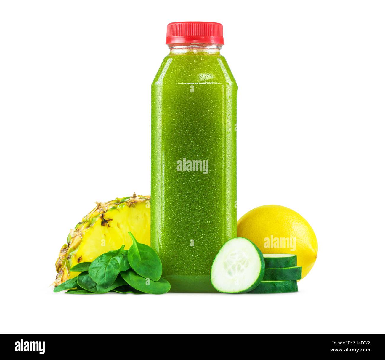 Freshly Squeezed Spinach Cucumber Pineapple Lemon Juice in a Generic Plastic Bottle with Garnish