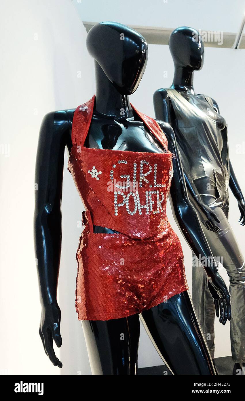 Red glitter 'Girl Power' corset worn by Geri on displayed as part of the  Spice Girls memorabilia during the 'SpiceUp London' exhibition at Business  Design Centre in London Stock Photo - Alamy