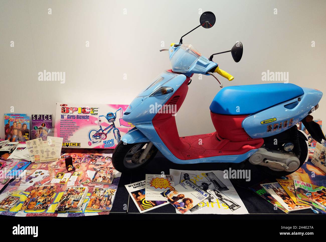 The Spice Girls scooter and memorabilia goes on display during the 'SpiceUp  London' exhibition at Business Design Centre in London Stock Photo - Alamy