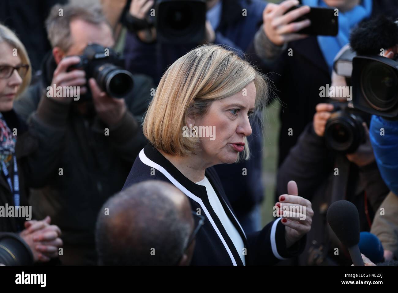 British Work and Pensions Secretary Amber Rudd speaks to the media at ...