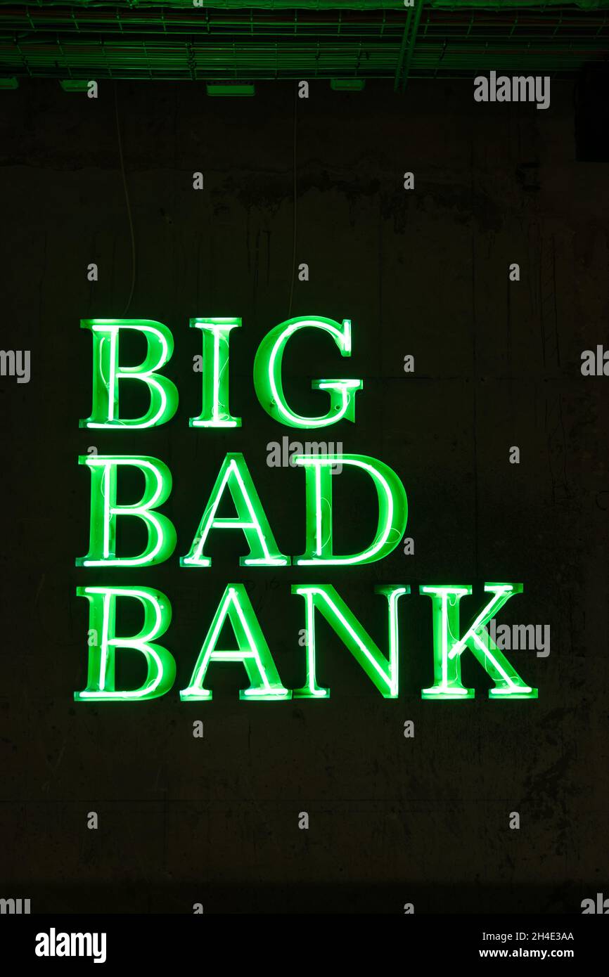 neon green. big bad bank. Stock Photo