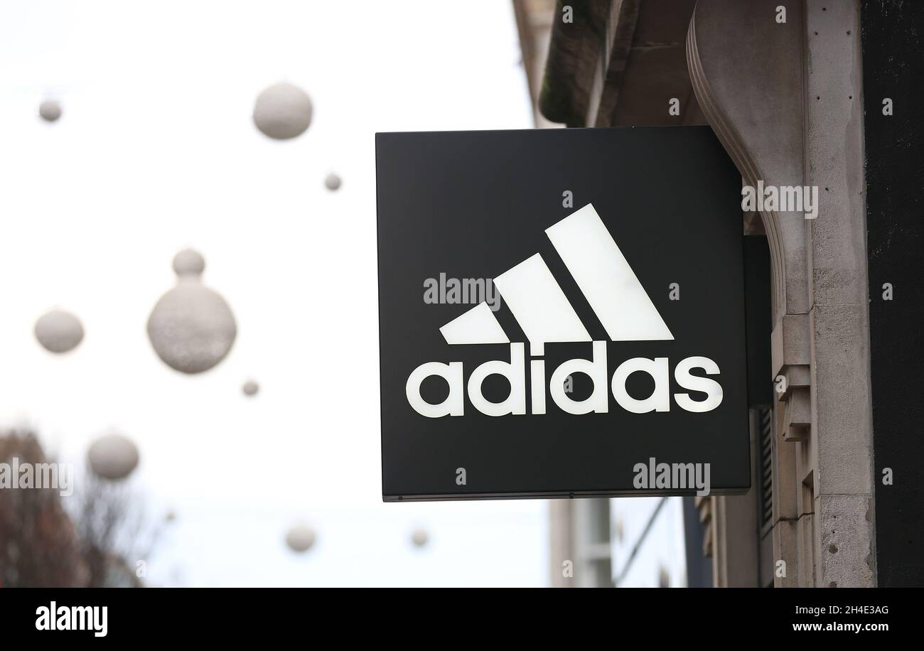 An Adidas logo outside a store on Oxford Street, central London. Picture  dated: Wednesday January 23, 2019. Photo credit should read: Isabel  Infantes / EMPICS Entertainment Stock Photo - Alamy