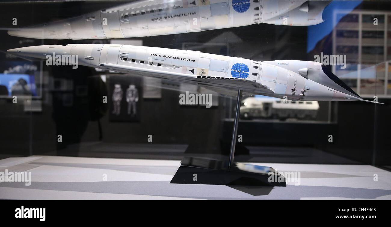 A scale model of a Pan American Orion III space plane made by Stephen Dymszo with contributions by Karl Tate, from '2001: A Space Odyssey' film (1968), displayed as part of the Stanley Kubrick exhibition at the Design Museum in London Stock Photo