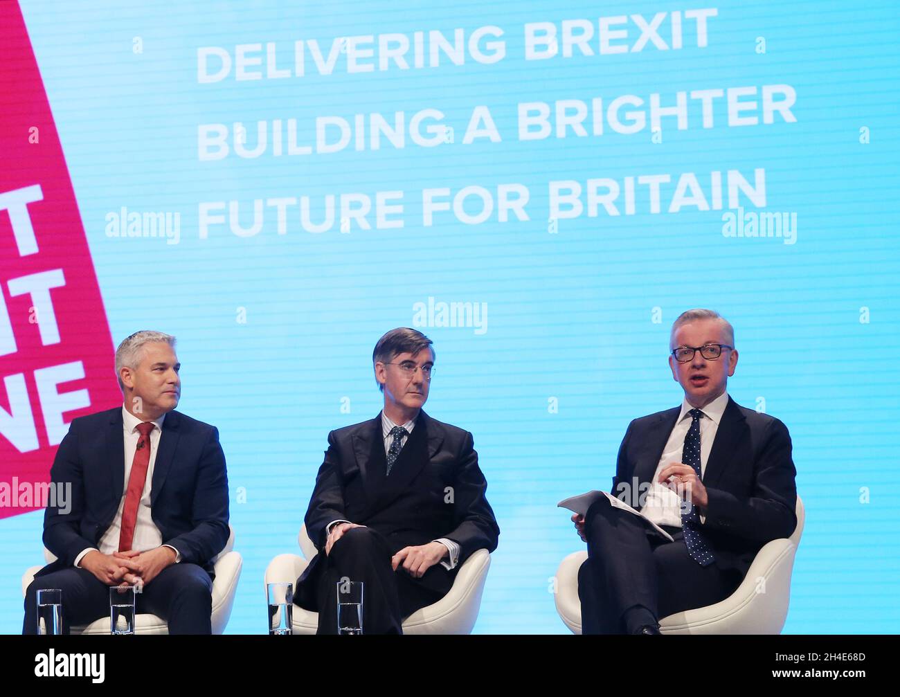 (left to right) Brexit Secretary Stephen Barclay, Leader of the House of Commons Jacob Rees-Mogg and Chancellor of the Duchy of Lancaster Michael Gove during the 'Delivering Brexit' session on day one of the Conservative Party Conference being held at the Manchester Convention Centre Stock Photo