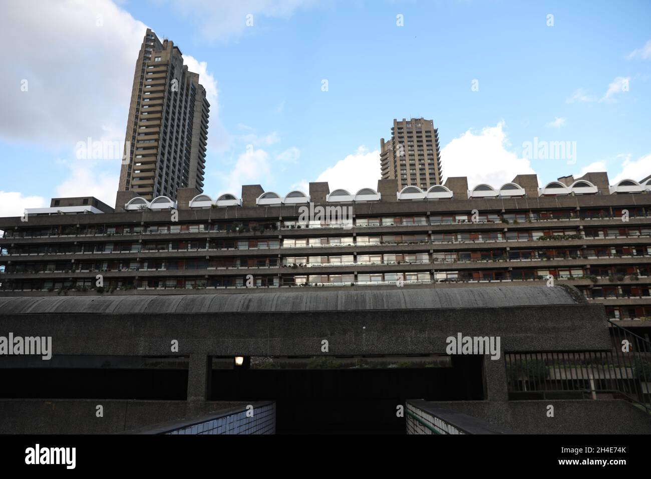 A general view of The Barbican Estate, a residential estate that was built during the 1960s and the 1980s within the City of London. The Barbican Complex is a prominent example of British brutalist architecture and is Grade II listed as a whole. Picture dated: Tuesday February 11, 2020. Photo credit should read: Isabel Infantes / EMPICS Entertainment. Stock Photo