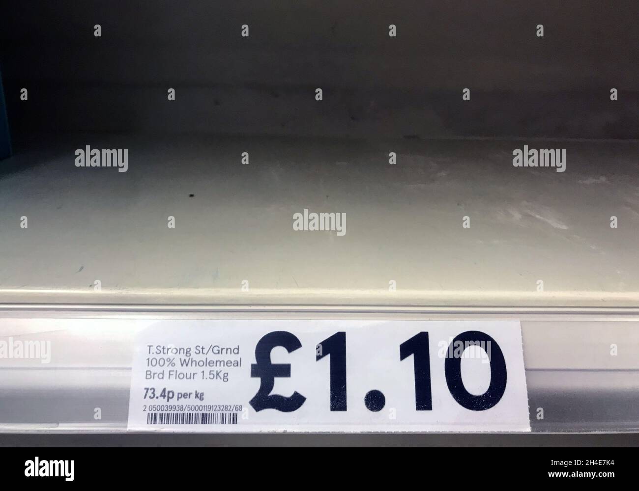 An empty shelf is out of stock on packets of flour in a Tesco store in London, as the UK continues in lockdown to help curb the spread of the coronavirus. Picture date: Wednesday Apr 15, 2020. Stock Photo