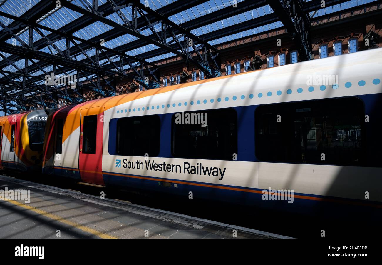 A South Western Railway (SWR) train in Bournemouth railway station. Picture date: Thursday May 21, 2020. Stock Photo