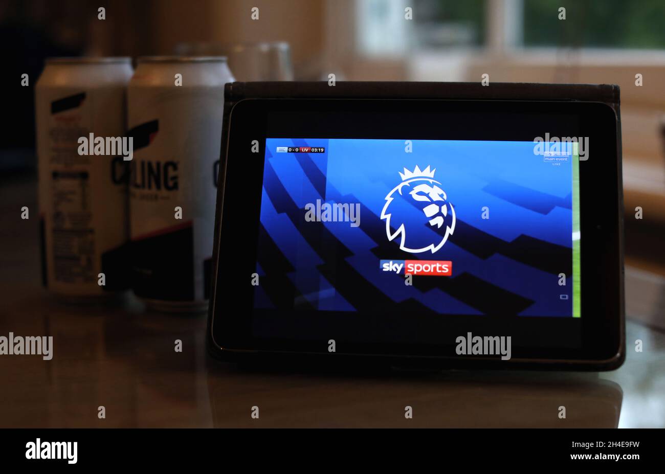 A tablet screening the logo during an English Premier League match on Sky  Sports Live. Picture date: Thursday July 2, 2020. Photo credit should read:  Isabel Infantes Stock Photo - Alamy