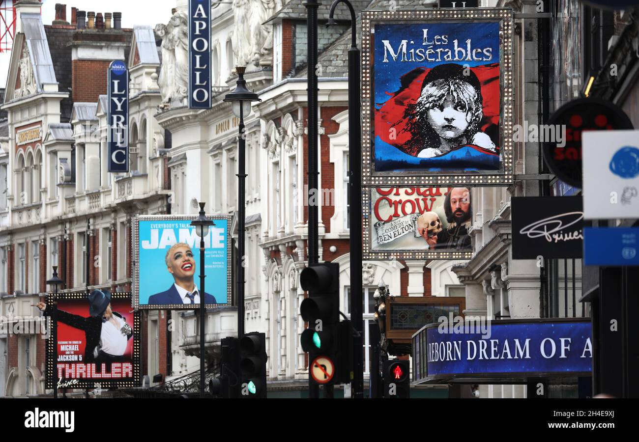 A general view of Shaftesbury Avenue, which concentrates various West End theatres in London. This week the British government unveiled a 1.57 billion GBP 'rescue package' for the arts sector, designed to help museums, galleries, theatres, independent cinemas, heritage sites and music venues through the coronavirus pandemic. Picture date: Thursday July 9, 2020. Stock Photo