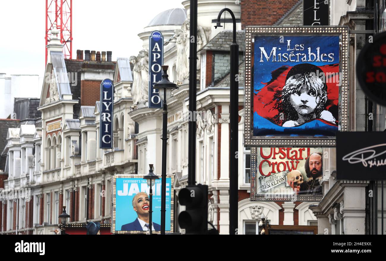 A general view of Shaftesbury Avenue, which concentrates various West End theatres in London. This week the British government unveiled a 1.57 billion GBP 'rescue package' for the arts sector, designed to help museums, galleries, theatres, independent cinemas, heritage sites and music venues through the coronavirus pandemic. Picture date: Thursday July 9, 2020. Stock Photo