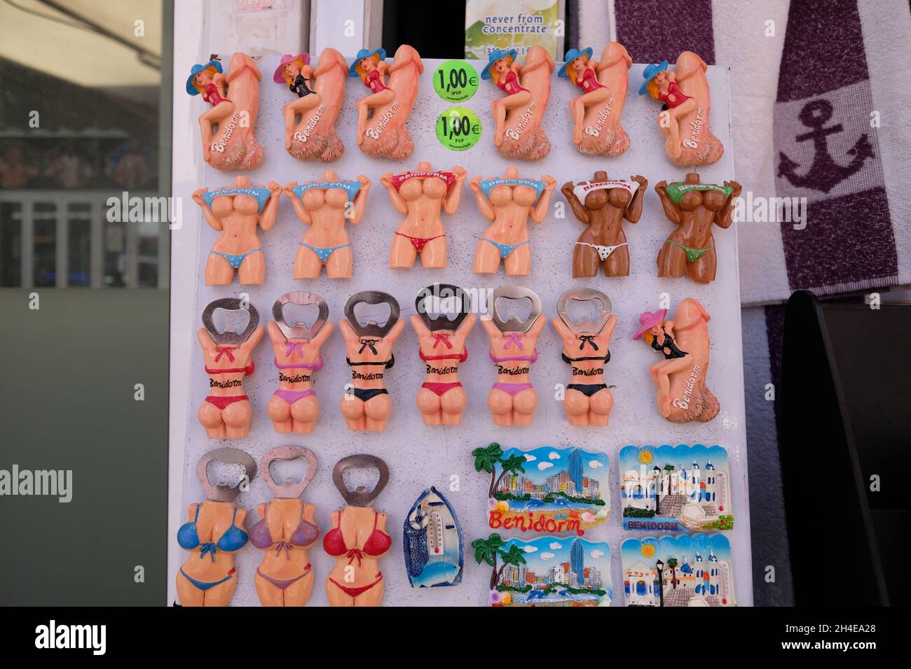 Holiday themed magnets and bottle openers are on sale at a souvenirs shop in in the English district of Levante in Benidorm, which is usually swarmed with British tourists, but remains almost empty following the UK government’s quarantine imposed to all tourists that travel from Spain because of its high levels of COVID-19 cases. Picture date: Wednesday July 29, 2020. Stock Photo