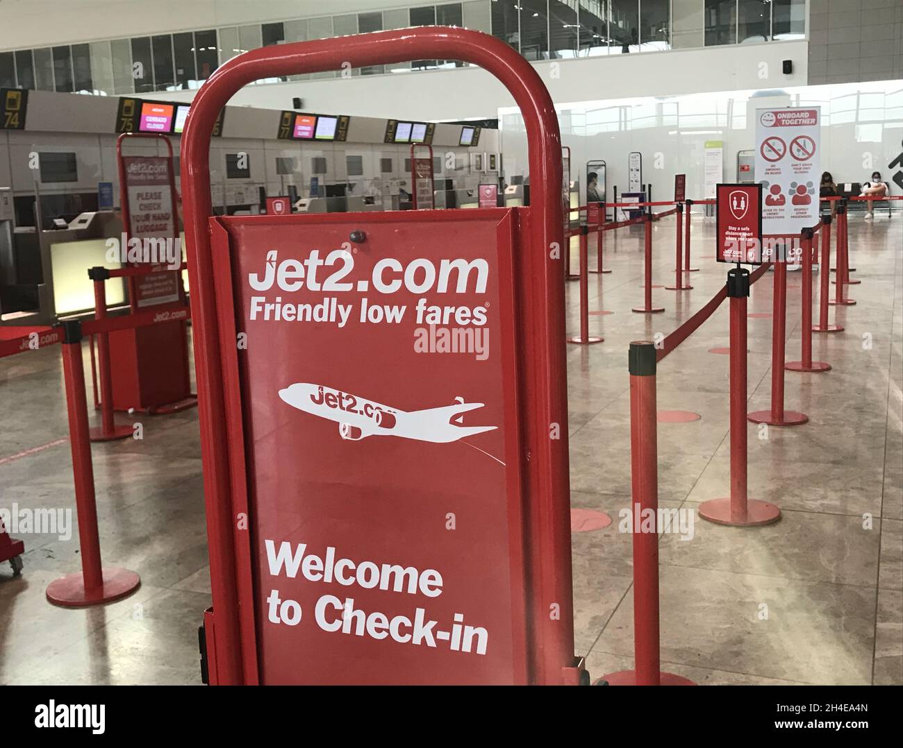 A sign welcomes passengers to the check-in Jet2 area at Alicante airport, Spain, as hundreds of people have been told their return flights have been cancelled following the UK government warning against travel to the Spanish mainland because of its high levels of COVID-19 cases. Picture date: Saturday August 1, 2020. Stock Photo