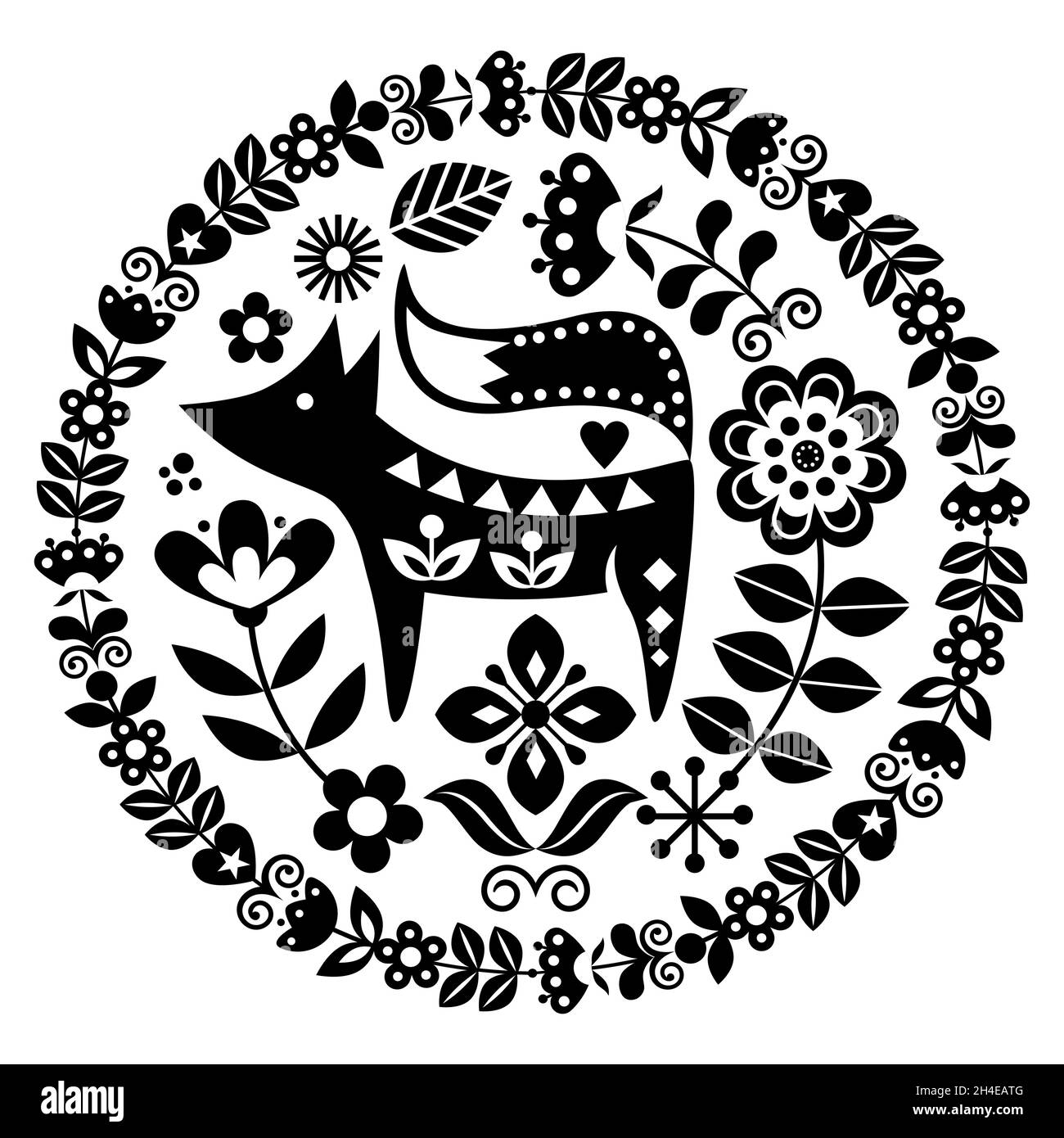 Scandinavian cute folk art vector round black and white pattern with flowers and fox, floral greeting card or invitation inspired by traditional embro Stock Vector