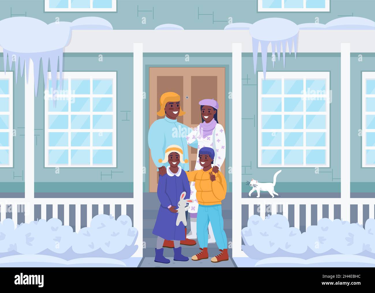 Happy family at home porch flat color vector illustration Stock Vector ...