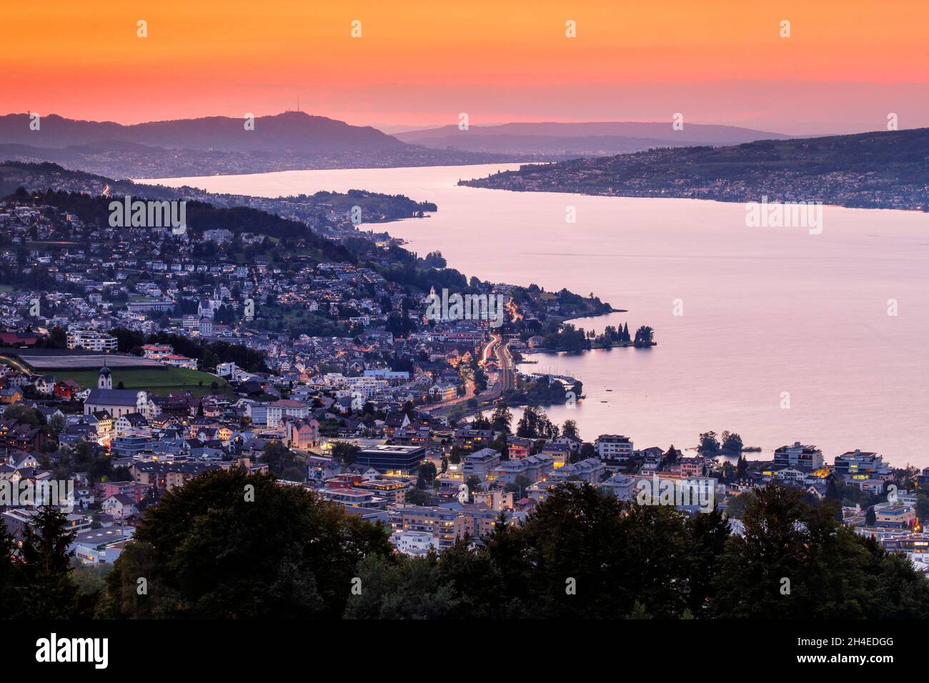 Blick bei Abenddämmerung von Feusisberg über den Zürichsee nach Zürich, mit den beleuchteten Ortschaften Wollerau, Richterswil, Wädenswil und Meilen u Stock Photo