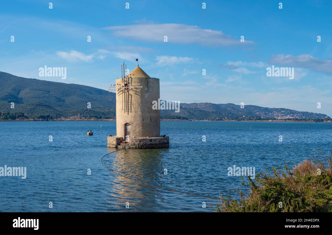 Monte Argentario (Italy) - A view of the Argentario mount on Tirreno sea, with little towns; Grosseto province, Tuscany region. Here Orbetello village Stock Photo