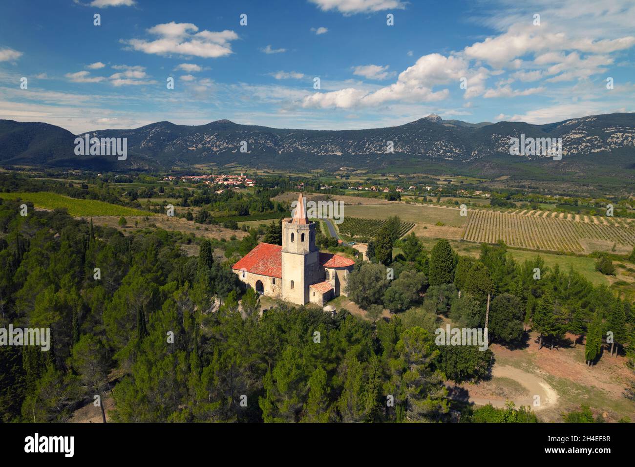 Aerial shot of Notre Dame de Laval little church in the Caudiesde