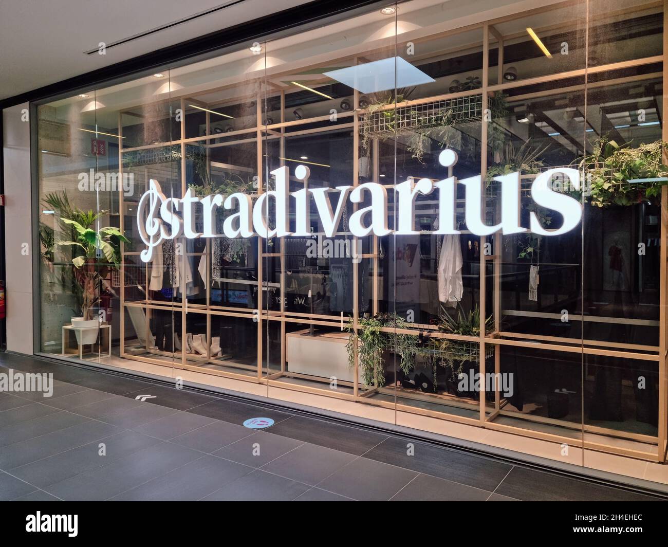 Stradivarius retailer store exterior with logo. Spanish clothes and