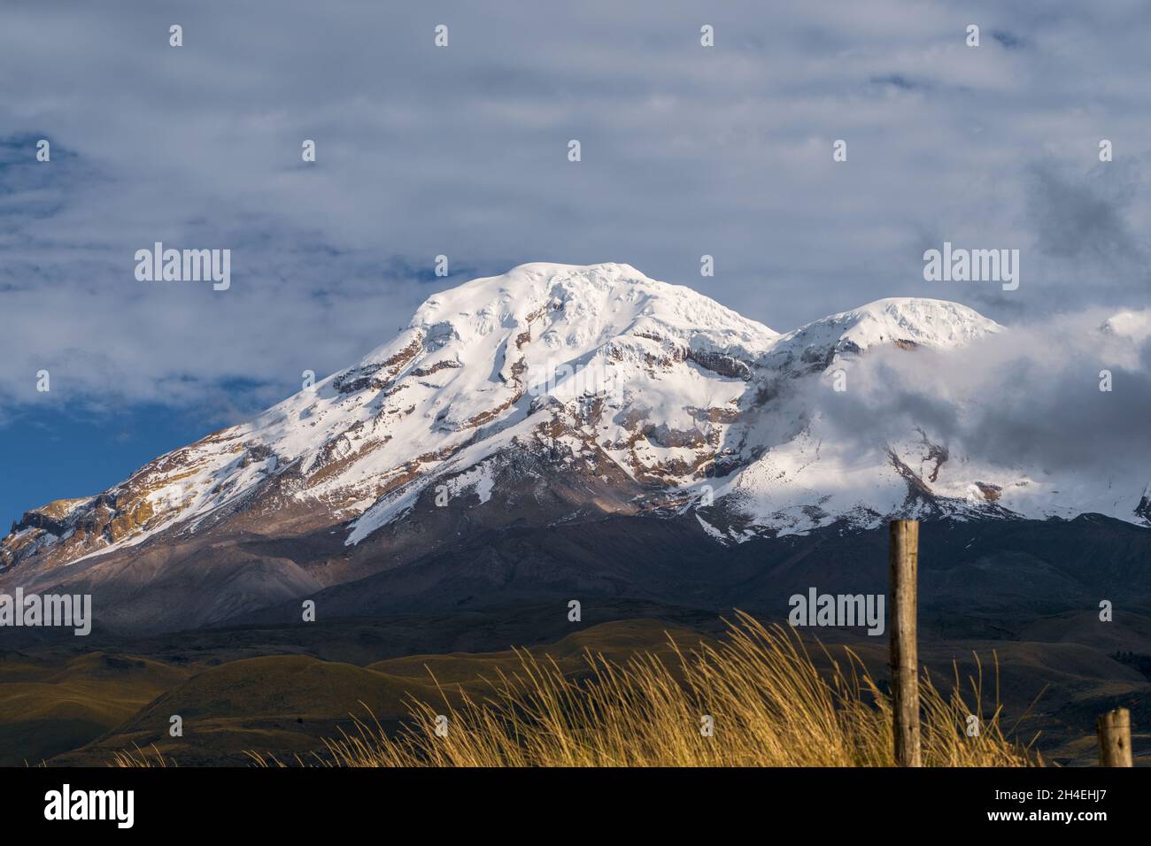 Chimborazo volcano, the most important snow-capped mountain in the Andes in Ecuador, is the closest point to the sun from the center of the earth Stock Photo
