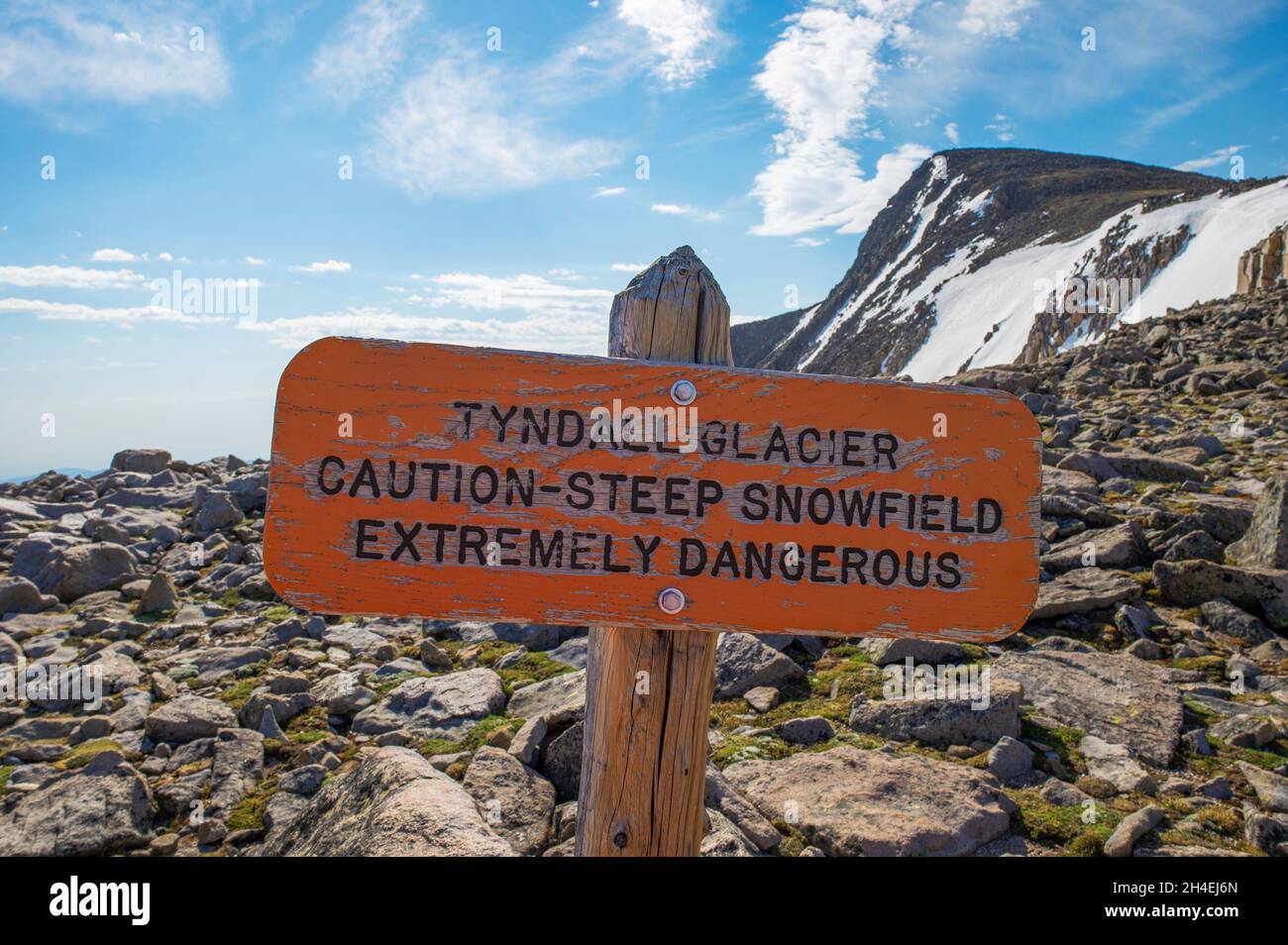 Tyndall Glacier steep snowfield sign extremely dangerous Stock Photo