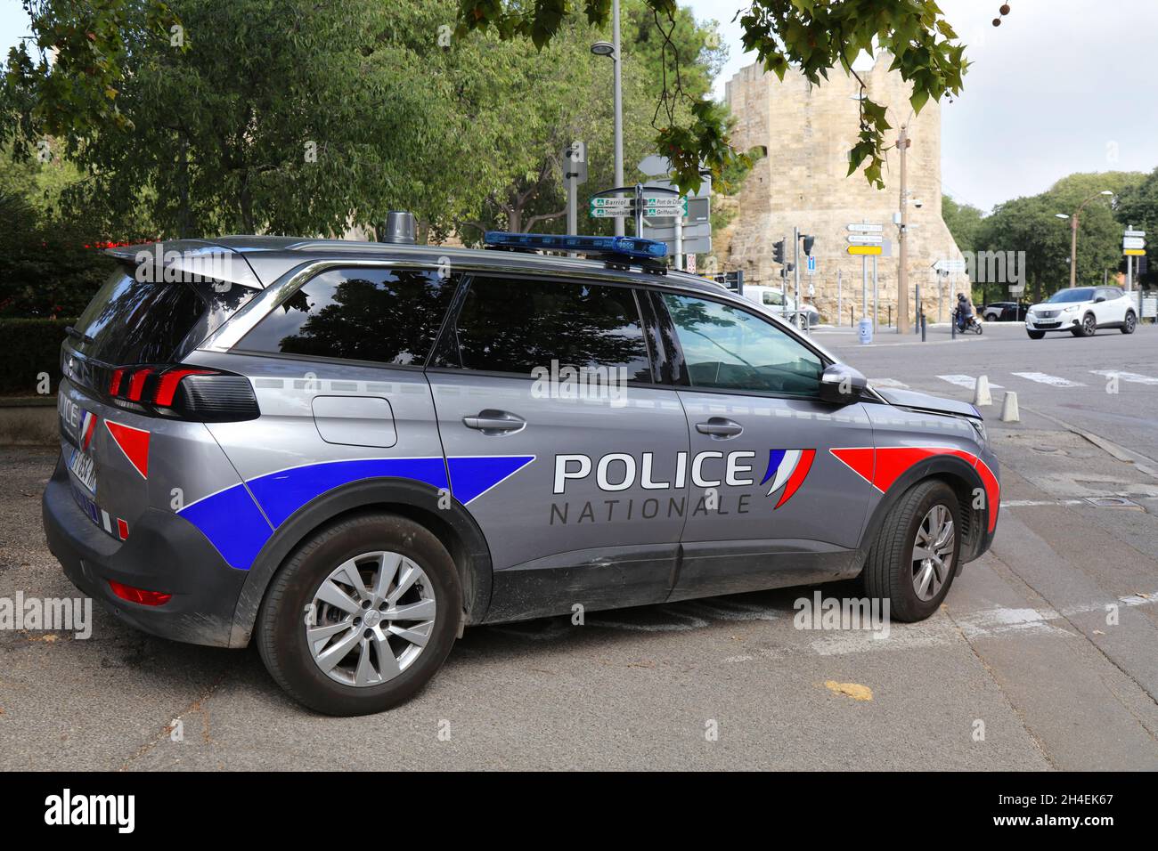 ARLES, FRANCE - OCTOBER 1, 2021: Police Nationale Peugeot car in Arles, France. National Police is one of two national police forces, along with the N Stock Photo
