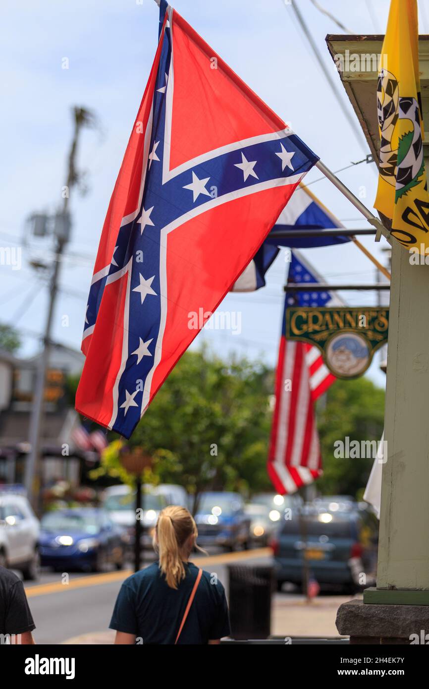 Gettysburg, PA, USA - July 2, 2016: A confederate battle flag is flying in the downtown area during the annual Battle commemoration. Stock Photo