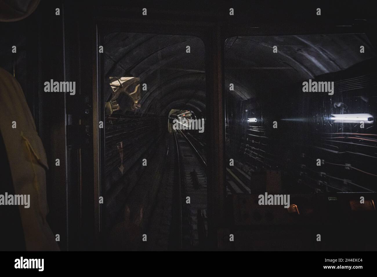 Driver´s cab view of historical Prague metro train 8171 in tunnel, in