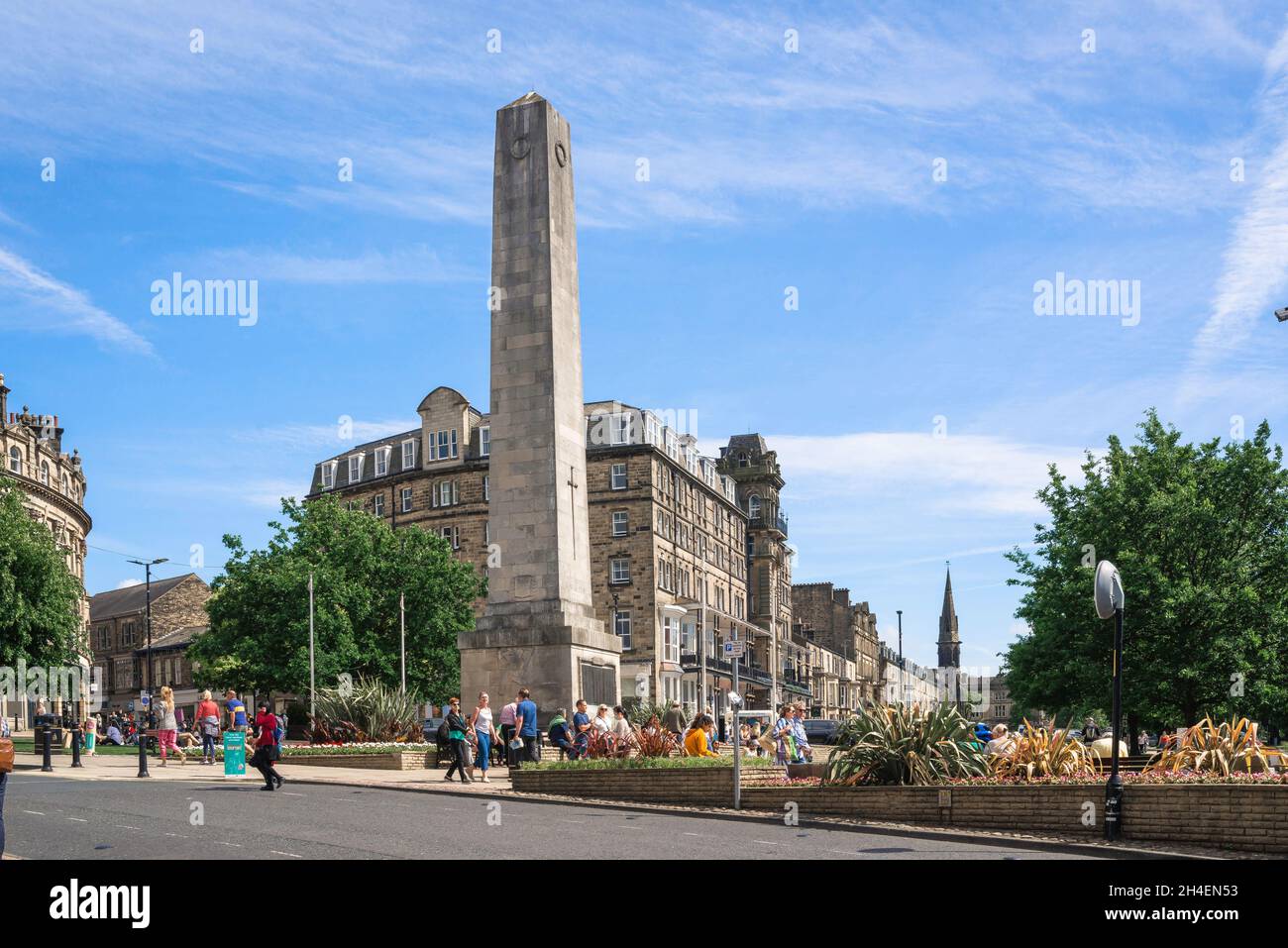 Cenotaph Harrogate, view in summer of the Cenotaph war memorial sited in Cambridge Crescent Gardens in the centre of Harrogate, North Yorkshire, UK Stock Photo