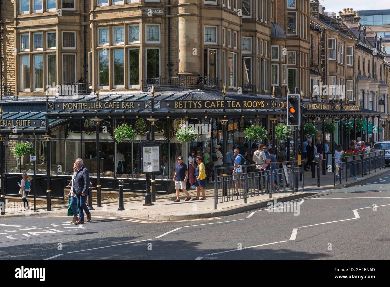 Bettys Harrogate, view of Bettys Cafe Tea Rooms sited on the corner of Parliament Street and Montpellier Parade in the centre of Harrogate, Yorkshire Stock Photo