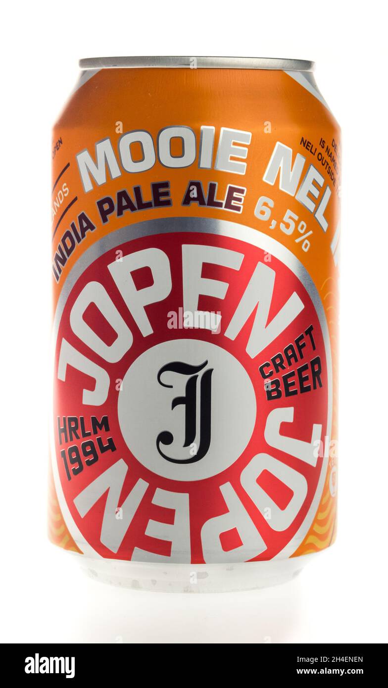 Can of Jopen Mooie Nel IPA beer isolated on a white background Stock Photo
